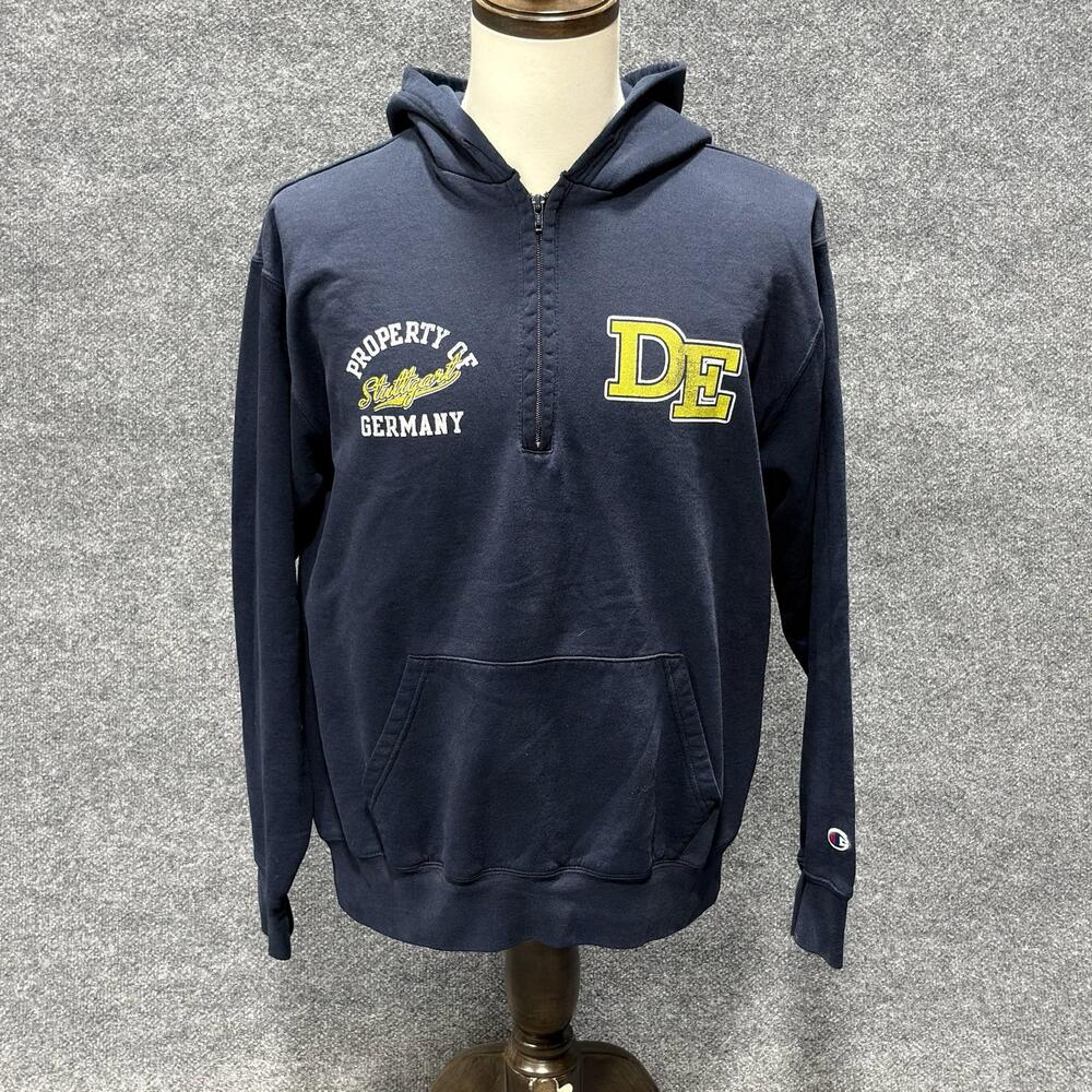 Vintage Champion Hoodie Mens Large Blue 1/4 Zip Stuttgart Germany DE Graphic